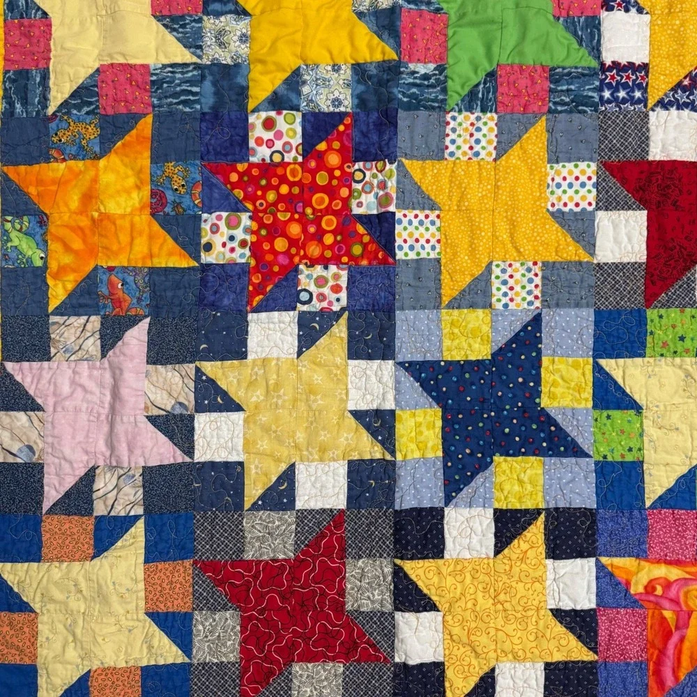 Kids Patchwork Star Quilt Multi Color‎ Nautical Reverse 40x40 Boho Cottagecore